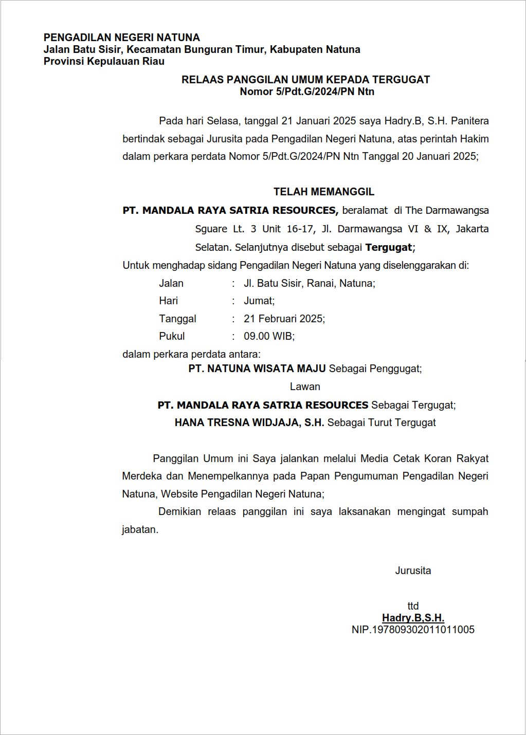 Risalah Panggilan / Pemberitahuan Umum Kepada Tergugat (Nomor 5/Pdt.G/2024/PN Ntn)